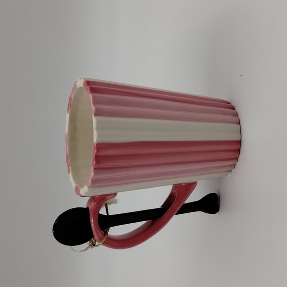 Happy Valentine's Day Hot Cocoa Mug Pink/white Striped Ribbed ceramic w/Spoon - Picture 5 of 6